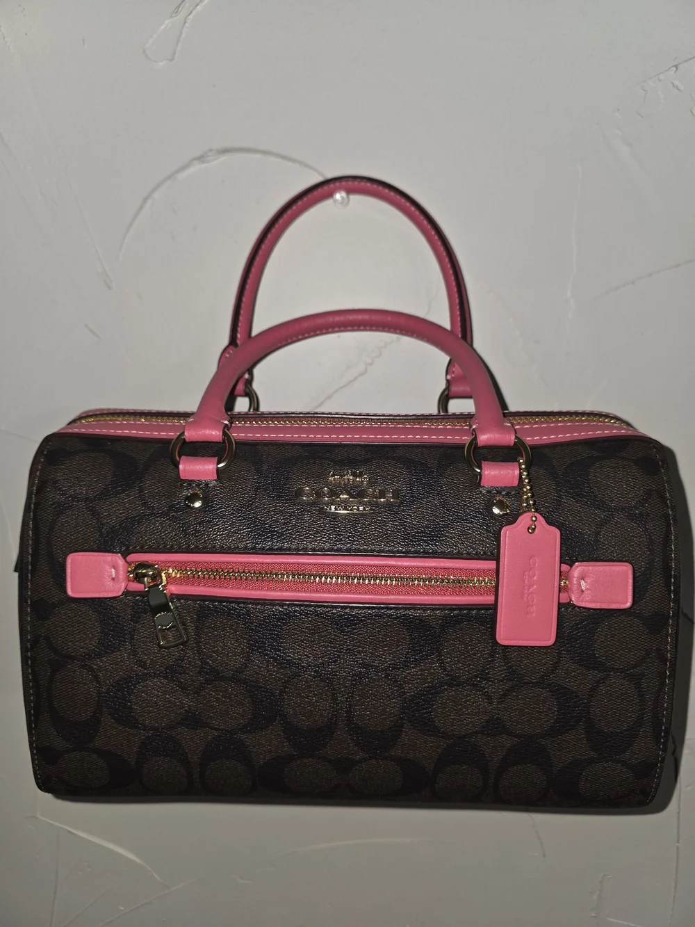 Coach Brown Rowan Signature Satchel with Pink Trim